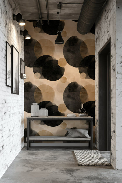 Beige and Black Abstract Circle Pattern Wallpaper