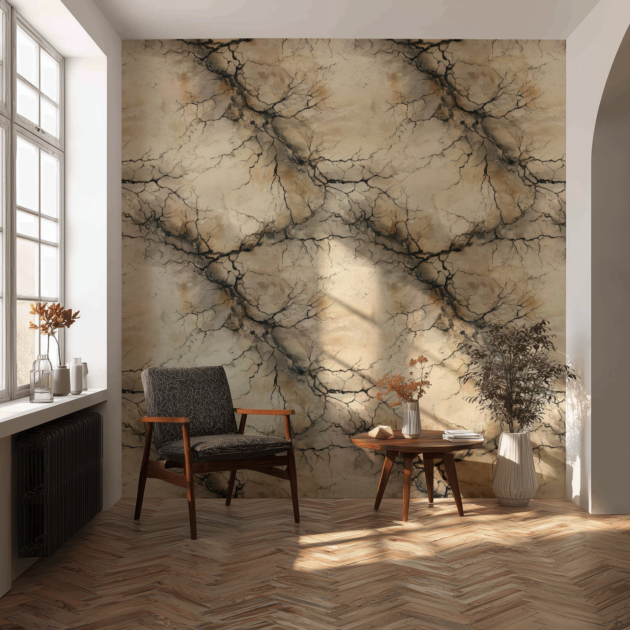 Earthy Beige and Black Marble Crack Wallpaper