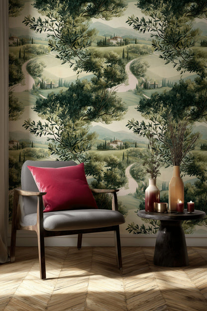 Beige Tuscan Landscape Scenic Wallpaper