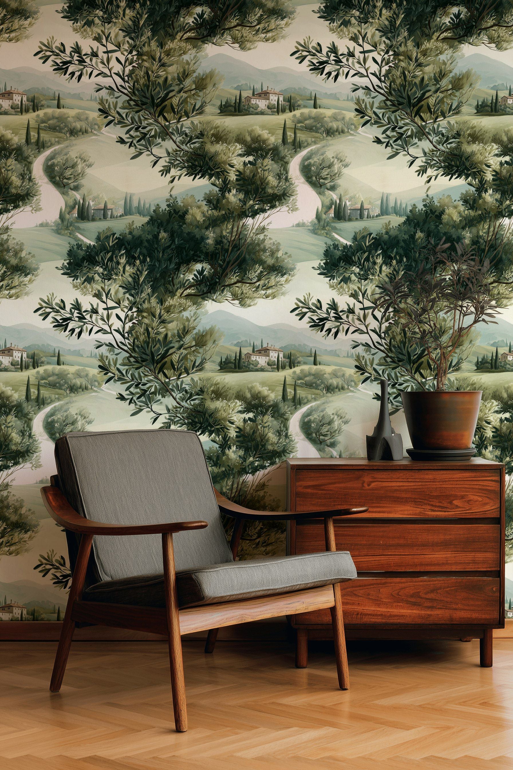 Beige Tuscan Landscape Scenic Wallpaper