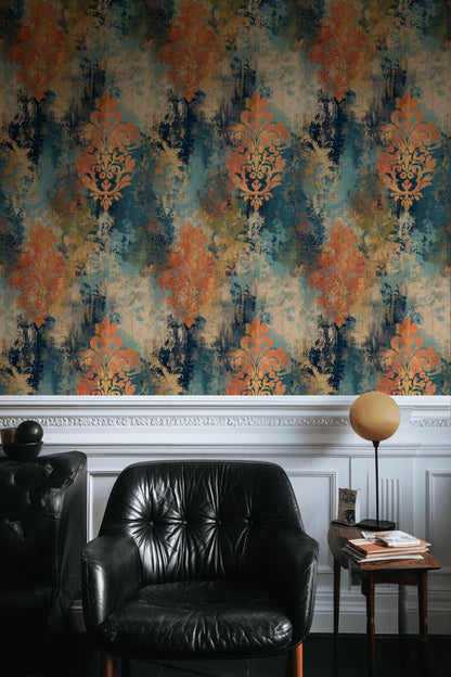 Teal and Orange Distressed Damask Wallpaper