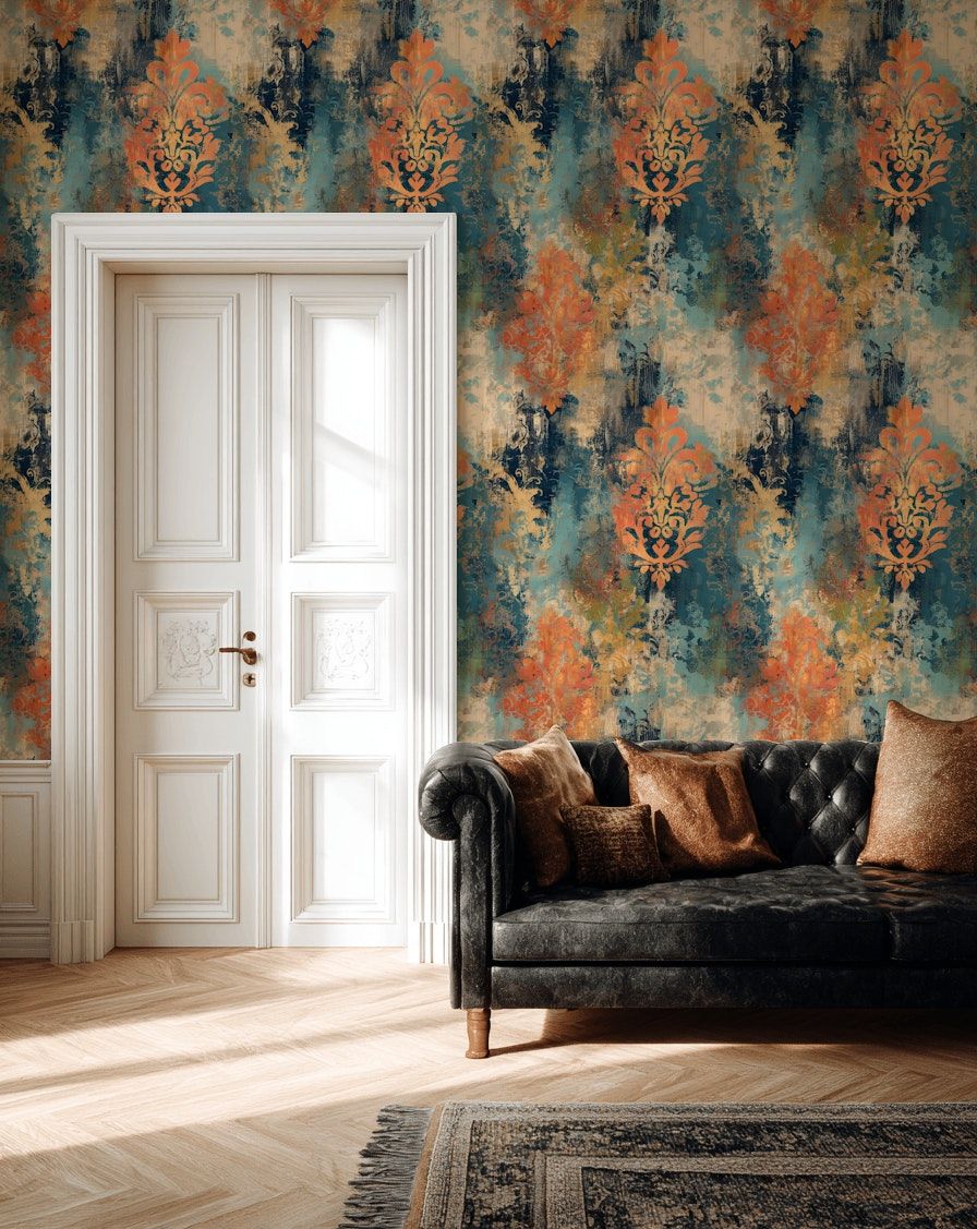 Teal and Orange Distressed Damask Wallpaper
