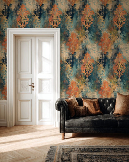 Teal and Orange Distressed Damask Wallpaper