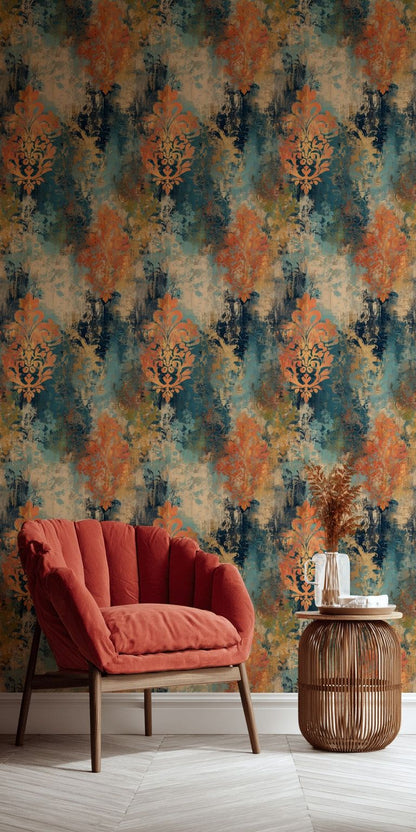 Teal and Orange Distressed Damask Wallpaper