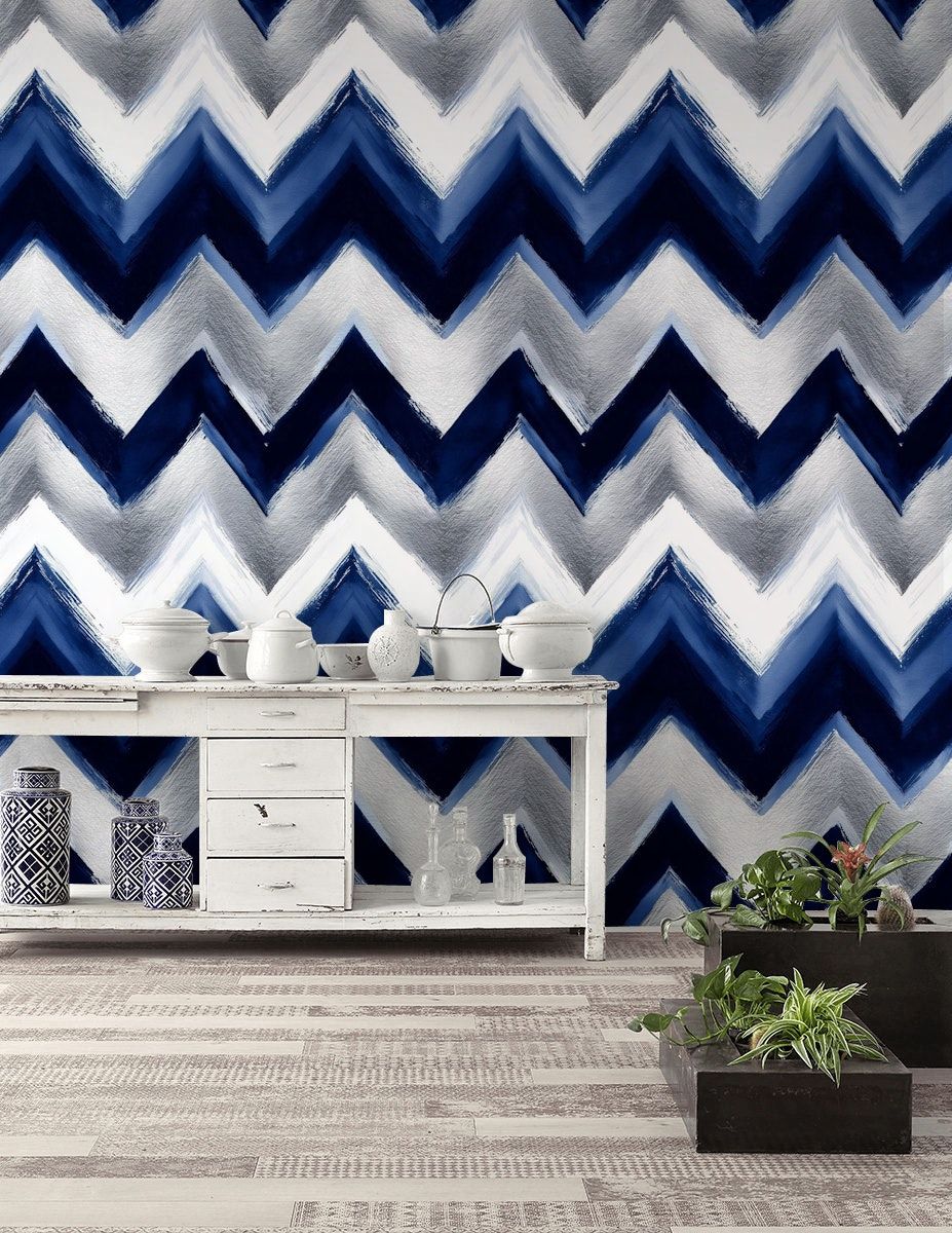 Chevron Wallpaper Blue Silver Modern Wall Mural