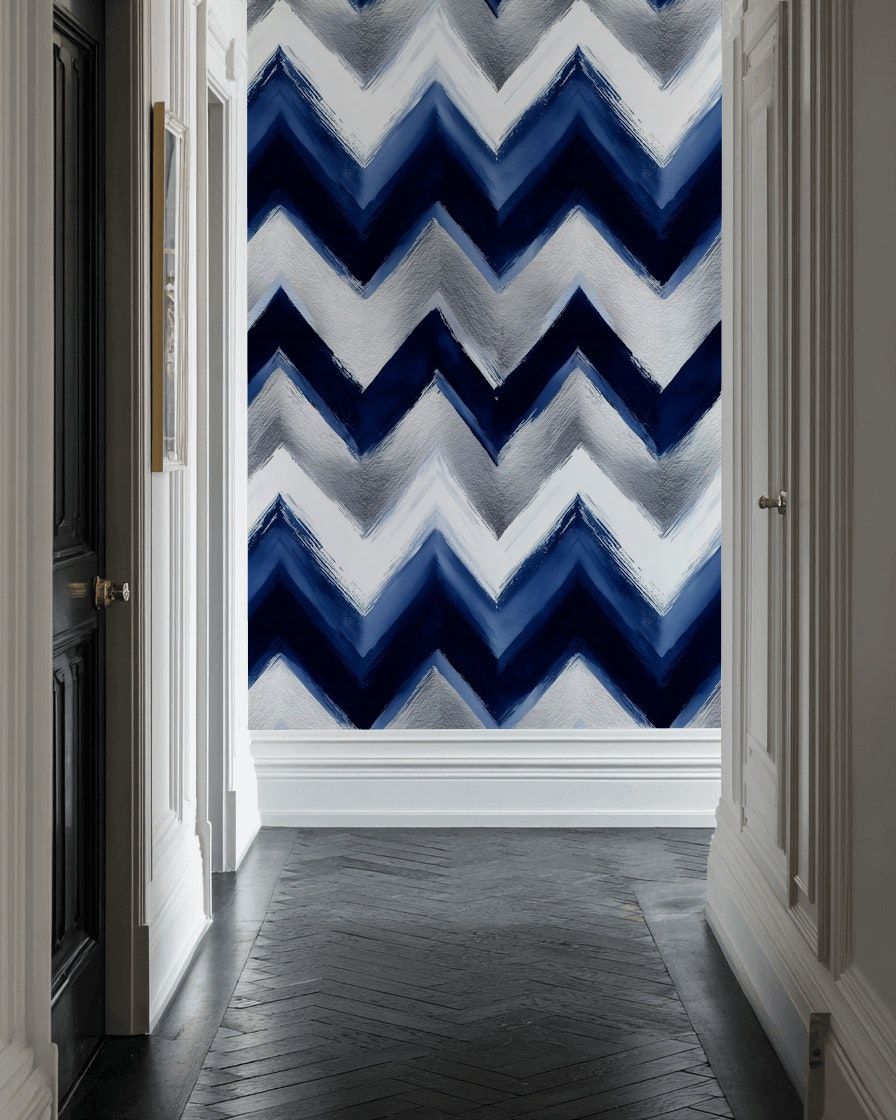 Chevron Wallpaper Blue Silver Modern Wall Mural
