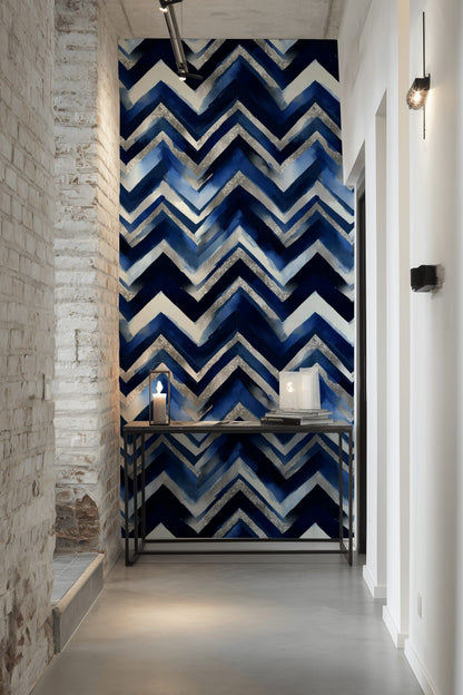 Navy Blue and Silver Chevron Geometric Wallpaper
