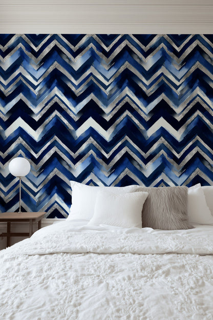Navy Blue and Silver Chevron Geometric Wallpaper