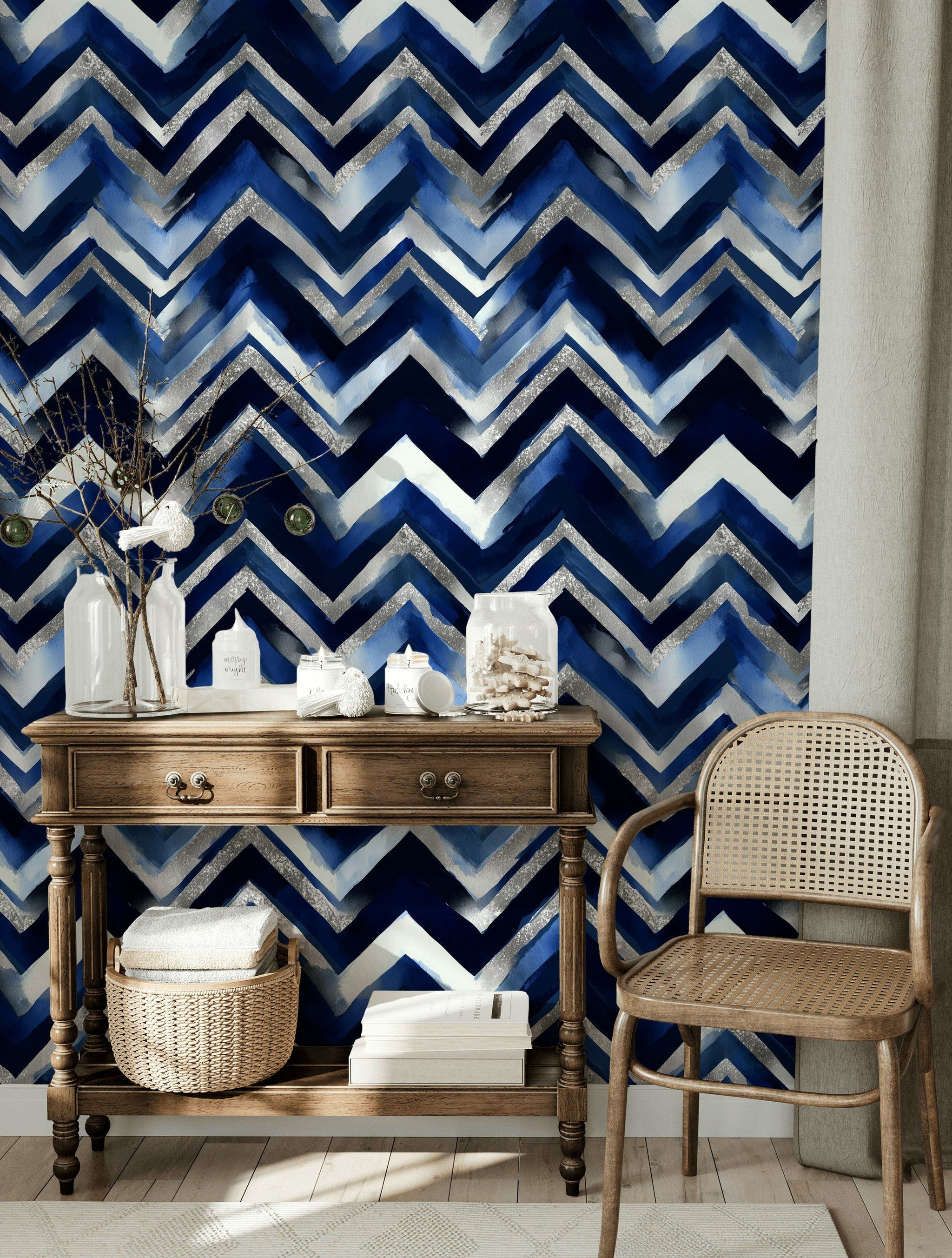 Navy Blue and Silver Chevron Geometric Wallpaper