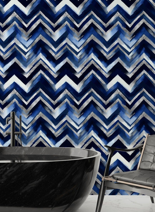 Blue Chevron Wallpaper Removable Metallic Roll