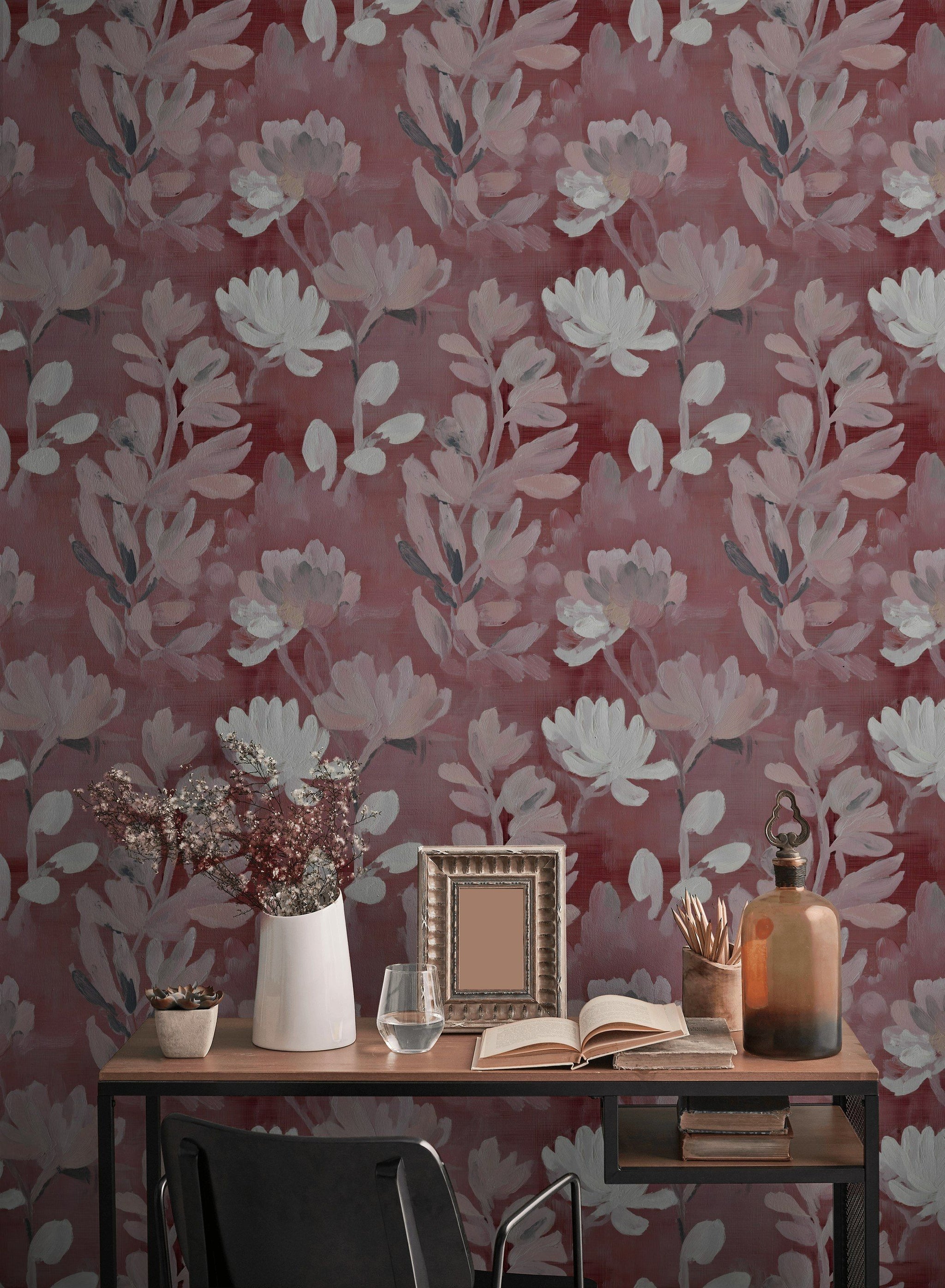 Warm Burgundy Hand-Painted Floral Wallpaper