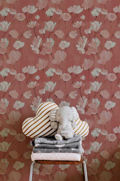 Blush Pink and Burgundy Large Floral Wallpaper