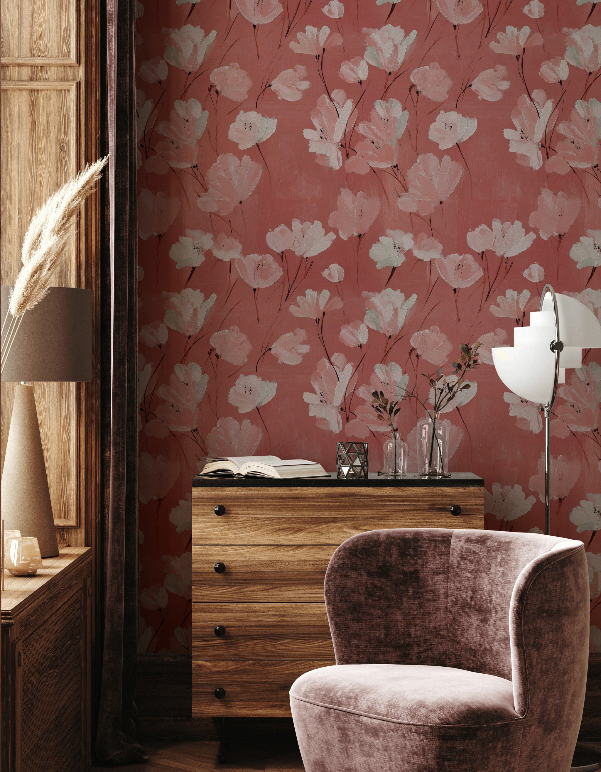 Blush Pink and Burgundy Large Floral Wallpaper