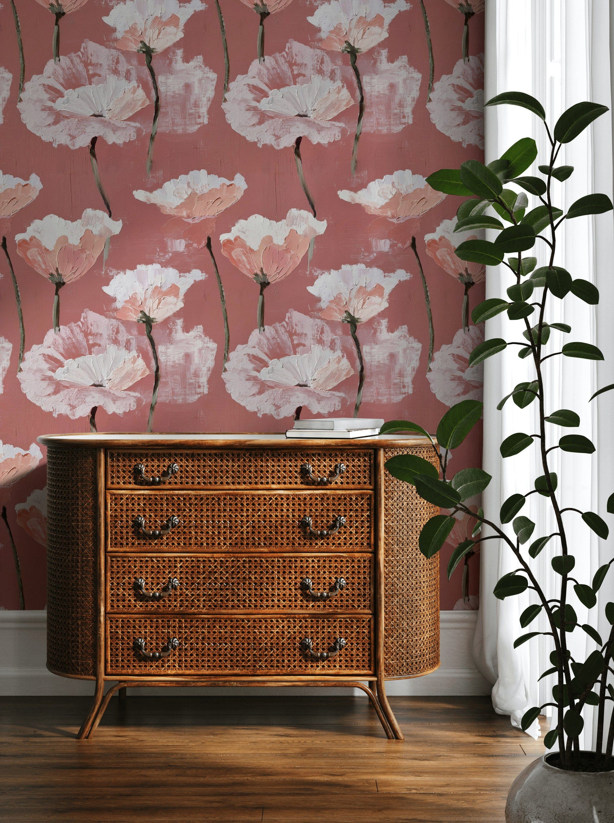 Burgundy and White Large Floral Wallpaper