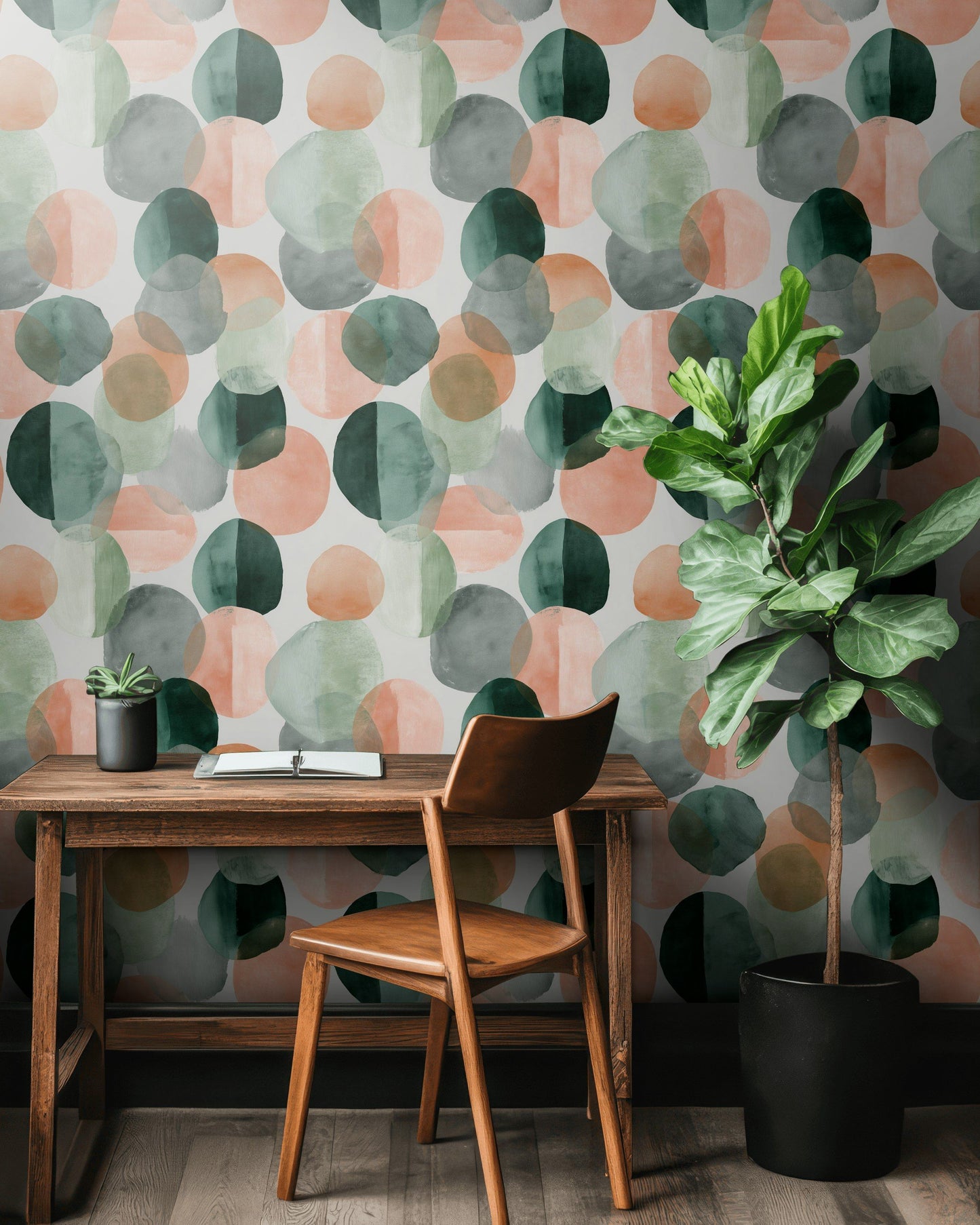 Abstract Circle Wallpaper Green Peach Removable Wall Decor