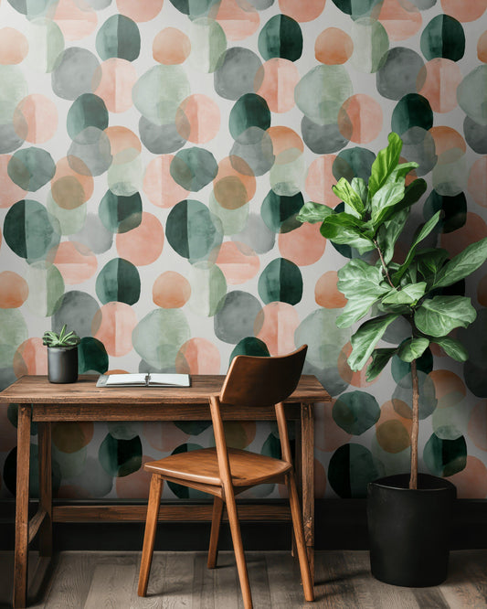 Abstract Circle Wallpaper Green Peach Removable Wall Decor