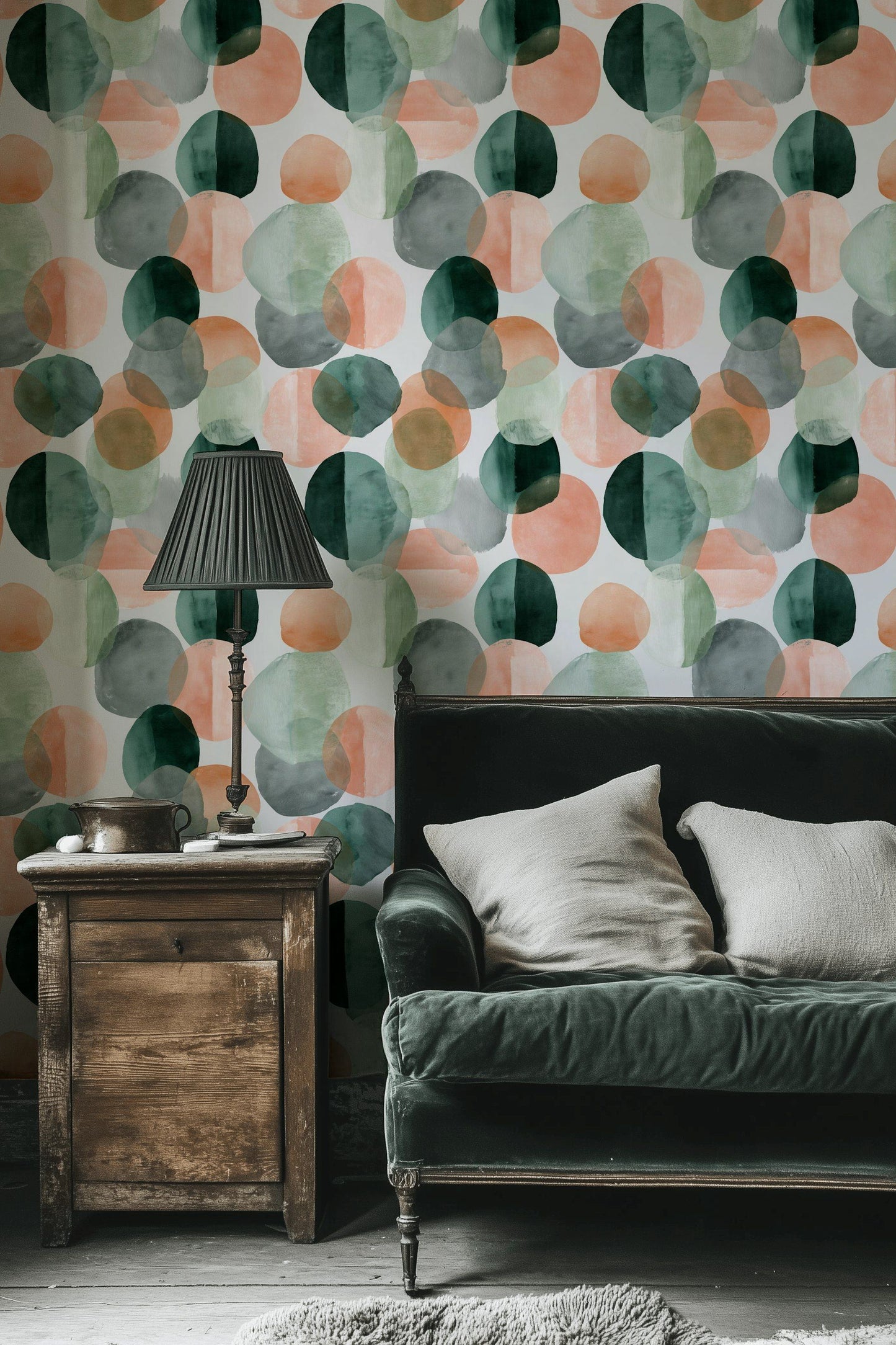 Abstract Circle Wallpaper Green Peach Removable Wall Decor