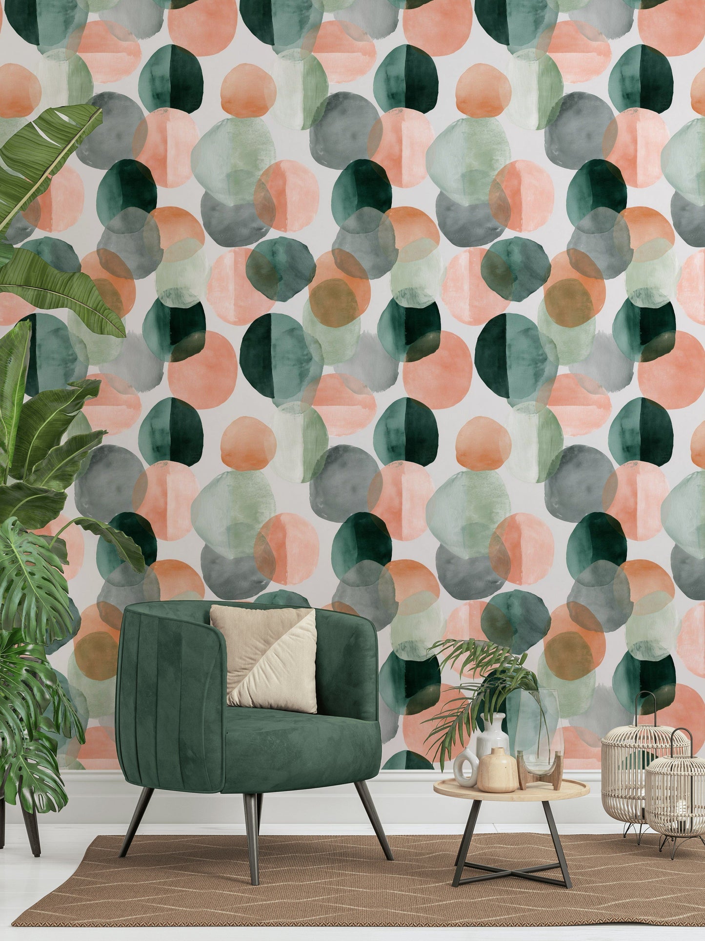 Abstract Circle Wallpaper Green Peach Removable Wall Decor
