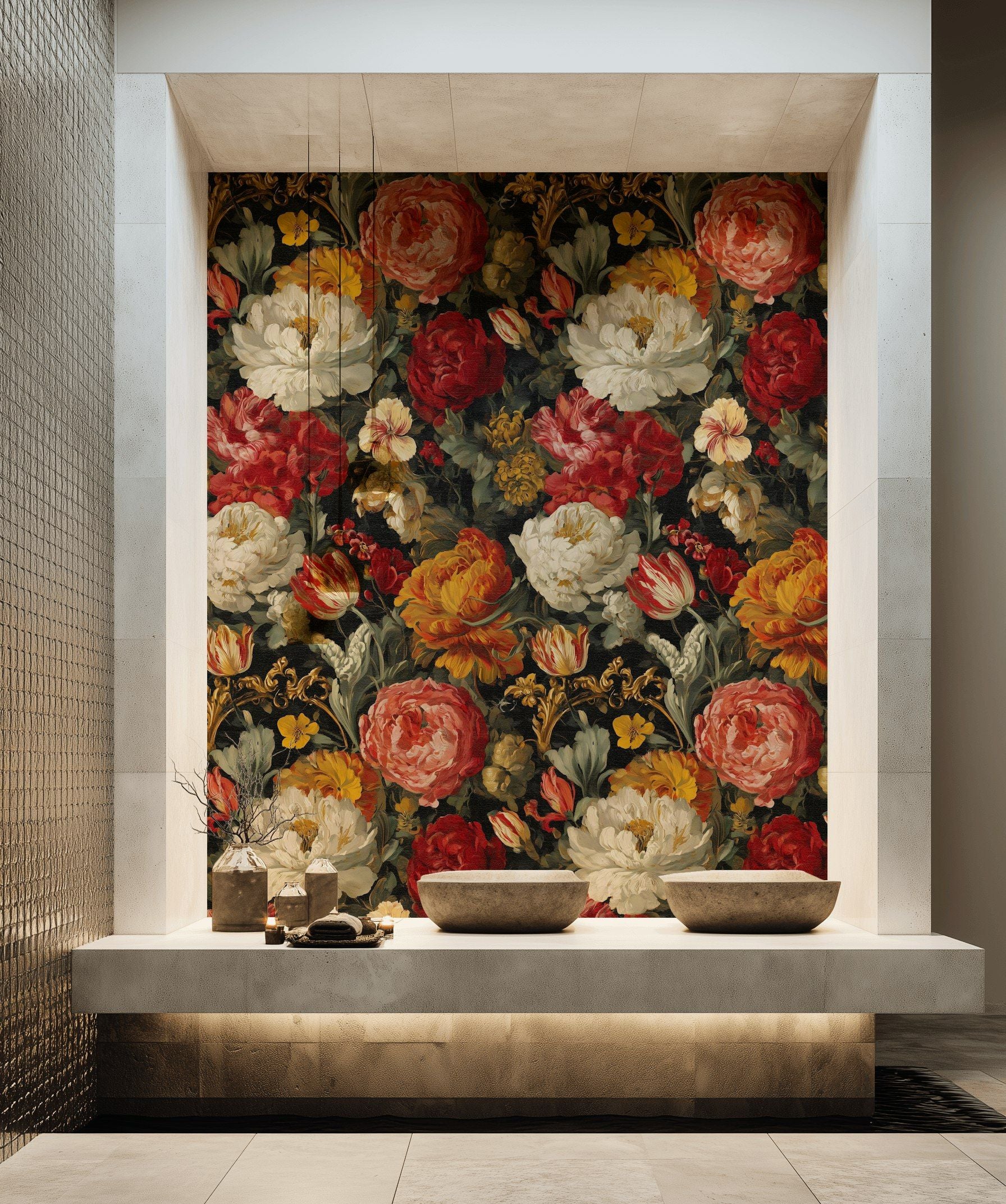 Dark Multicolor Vintage Rose Floral Wallpaper