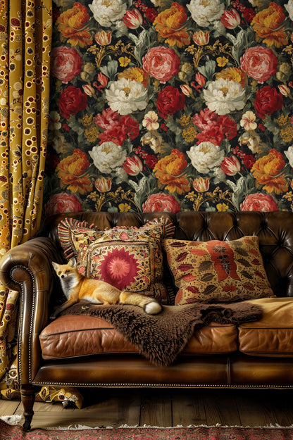 Dark Multicolor Vintage Rose Floral Wallpaper