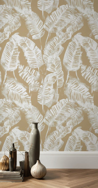 Beige and White Abstract Leaf Botanical Wallpaper