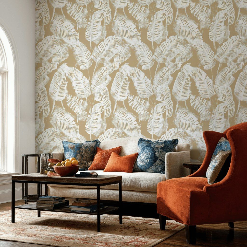 Beige and White Abstract Leaf Botanical Wallpaper