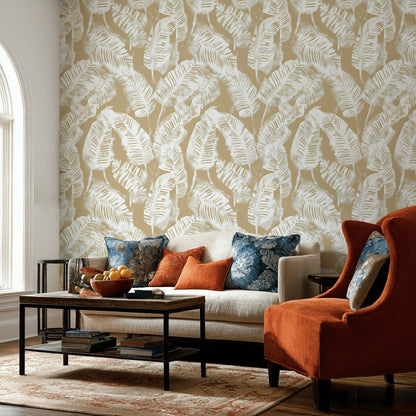 Beige and White Abstract Leaf Botanical Wallpaper