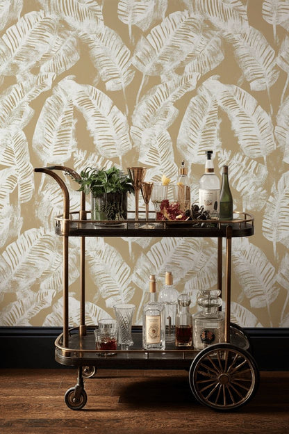 Beige and White Abstract Leaf Botanical Wallpaper