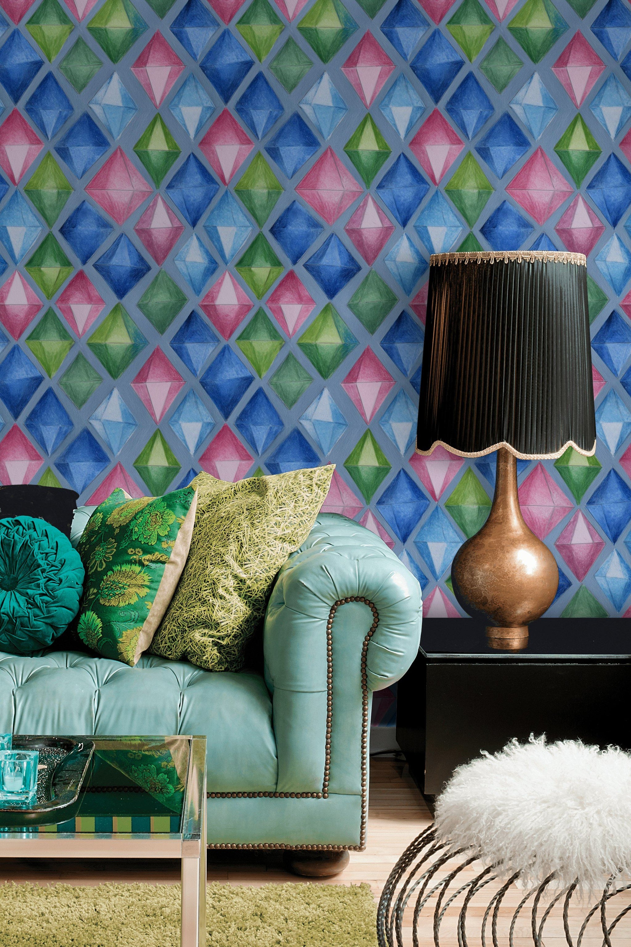 Blue Multicolor Diamond Geometric Pattern Wallpaper