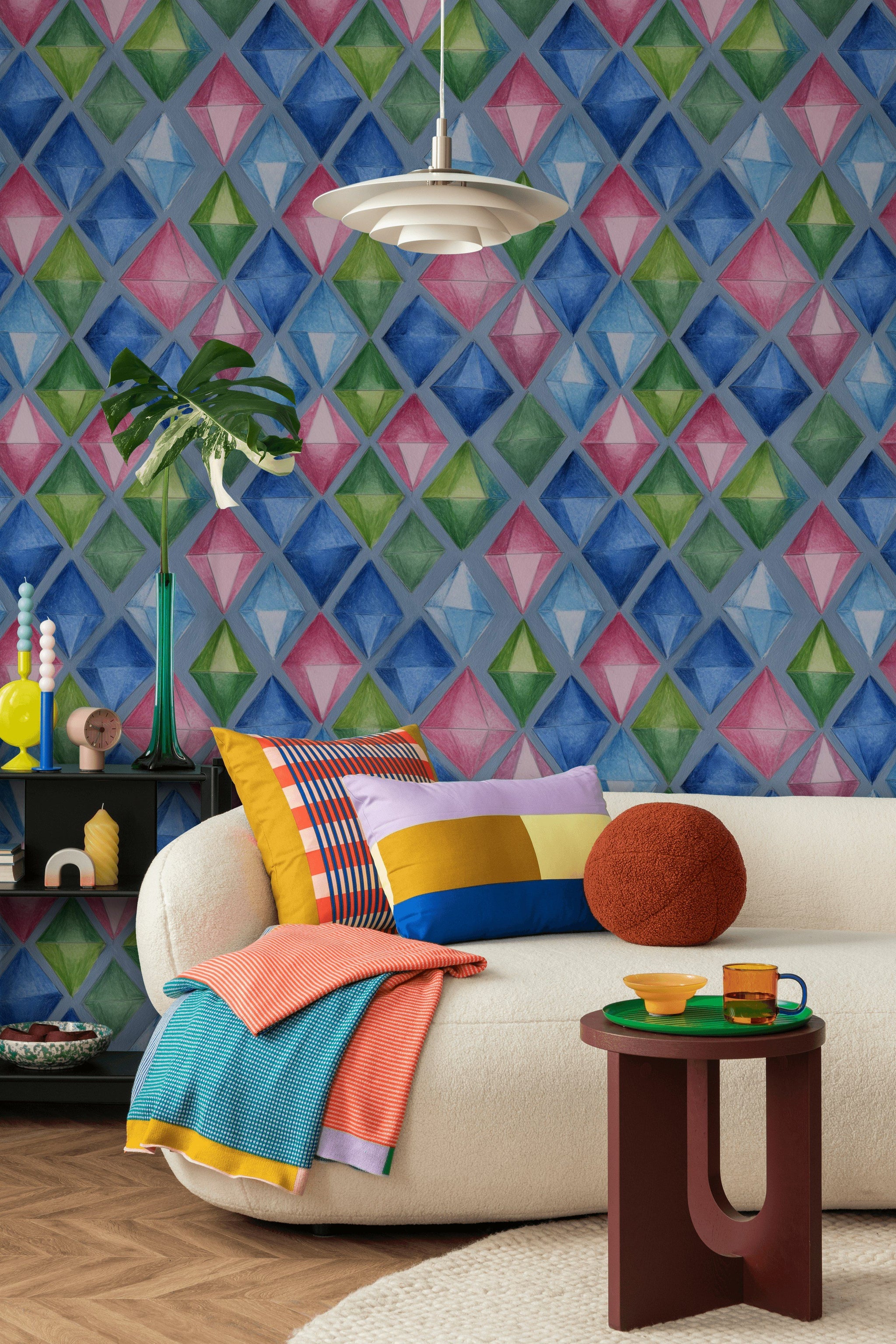 Blue Multicolor Diamond Geometric Pattern Wallpaper