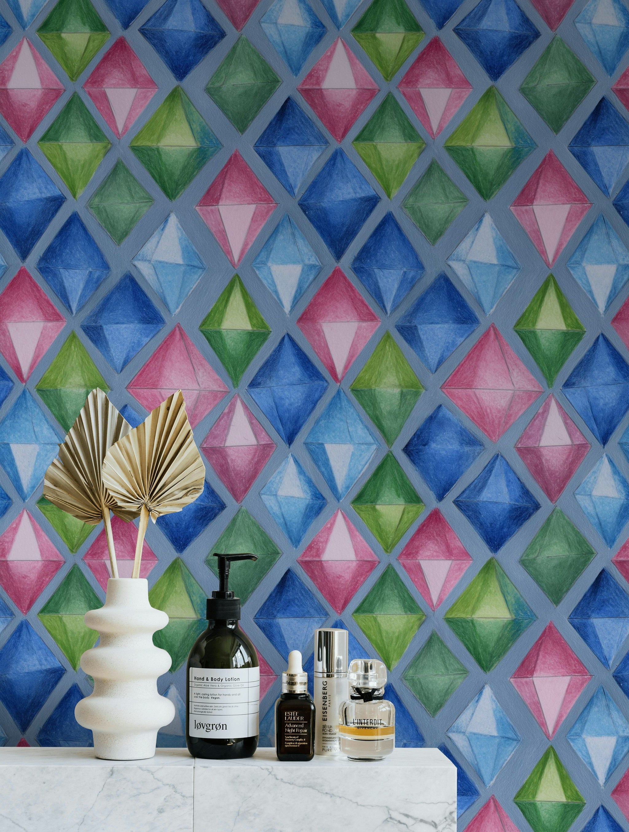Blue Multicolor Diamond Geometric Pattern Wallpaper