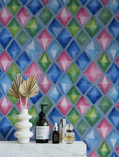 Blue Multicolor Diamond Geometric Pattern Wallpaper