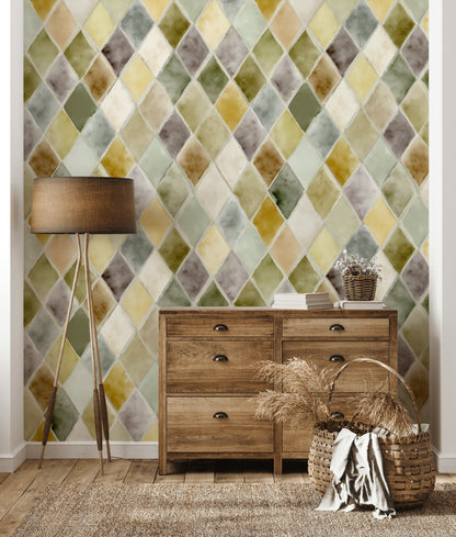 Muted Green and Yellow Diamond Geometric Wallpaper