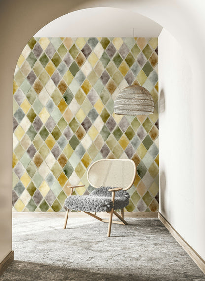 Muted Green and Yellow Diamond Geometric Wallpaper