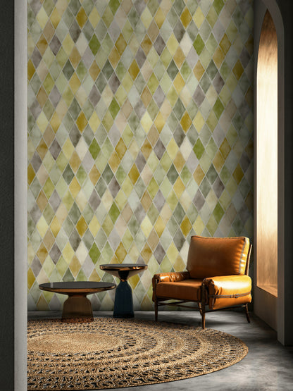 Muted Green and Yellow Diamond Geometric Wallpaper