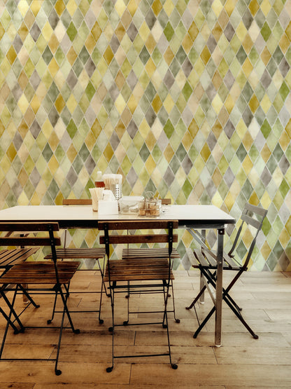 Muted Green and Yellow Diamond Geometric Wallpaper
