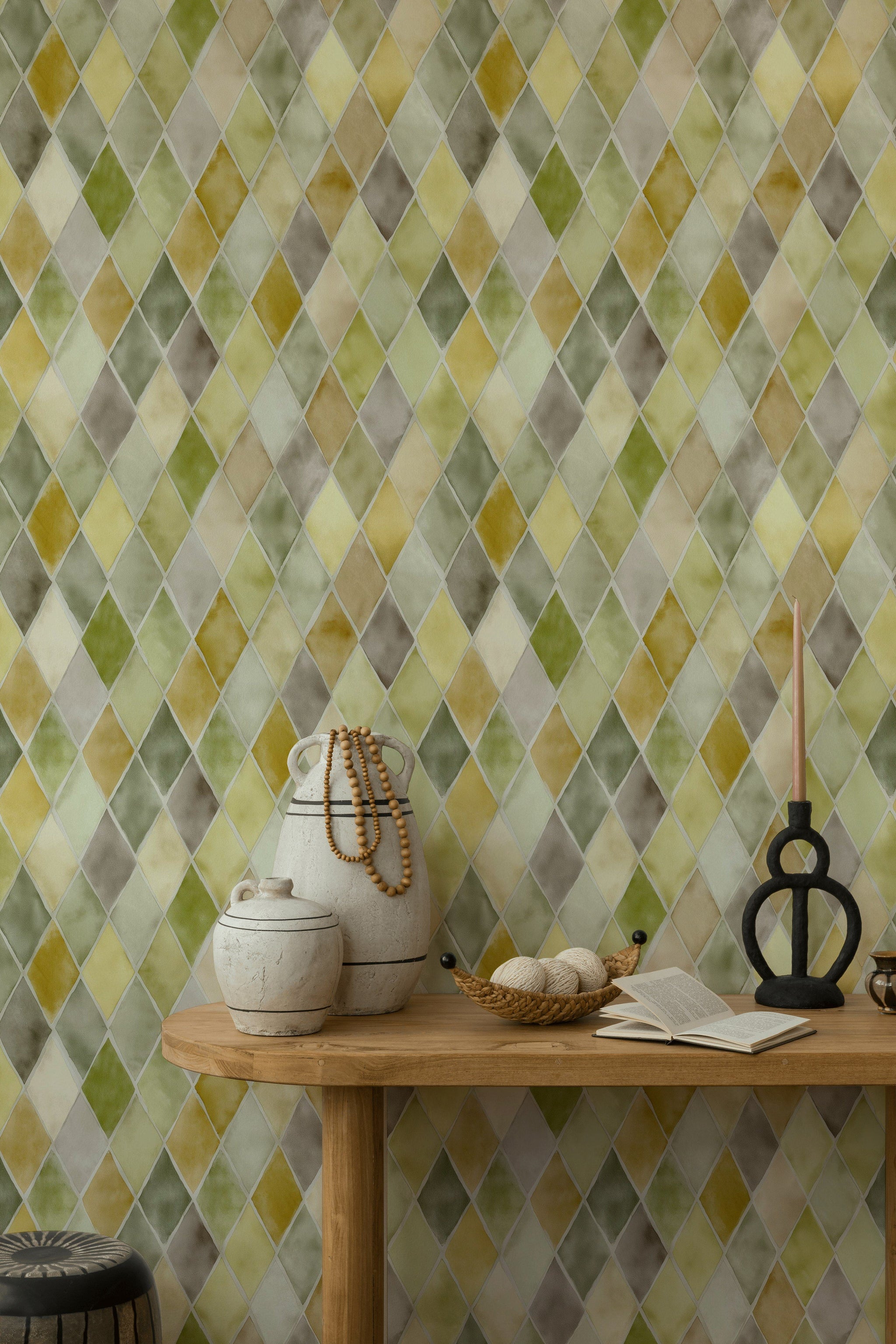 Muted Green and Yellow Diamond Geometric Wallpaper