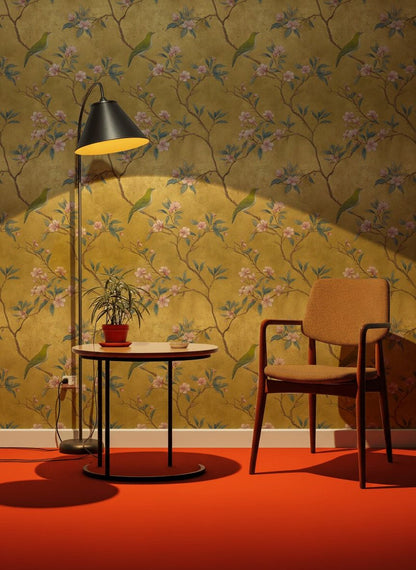 Golden Look Greenery with Cherry Blossom Bird Wallpaper
