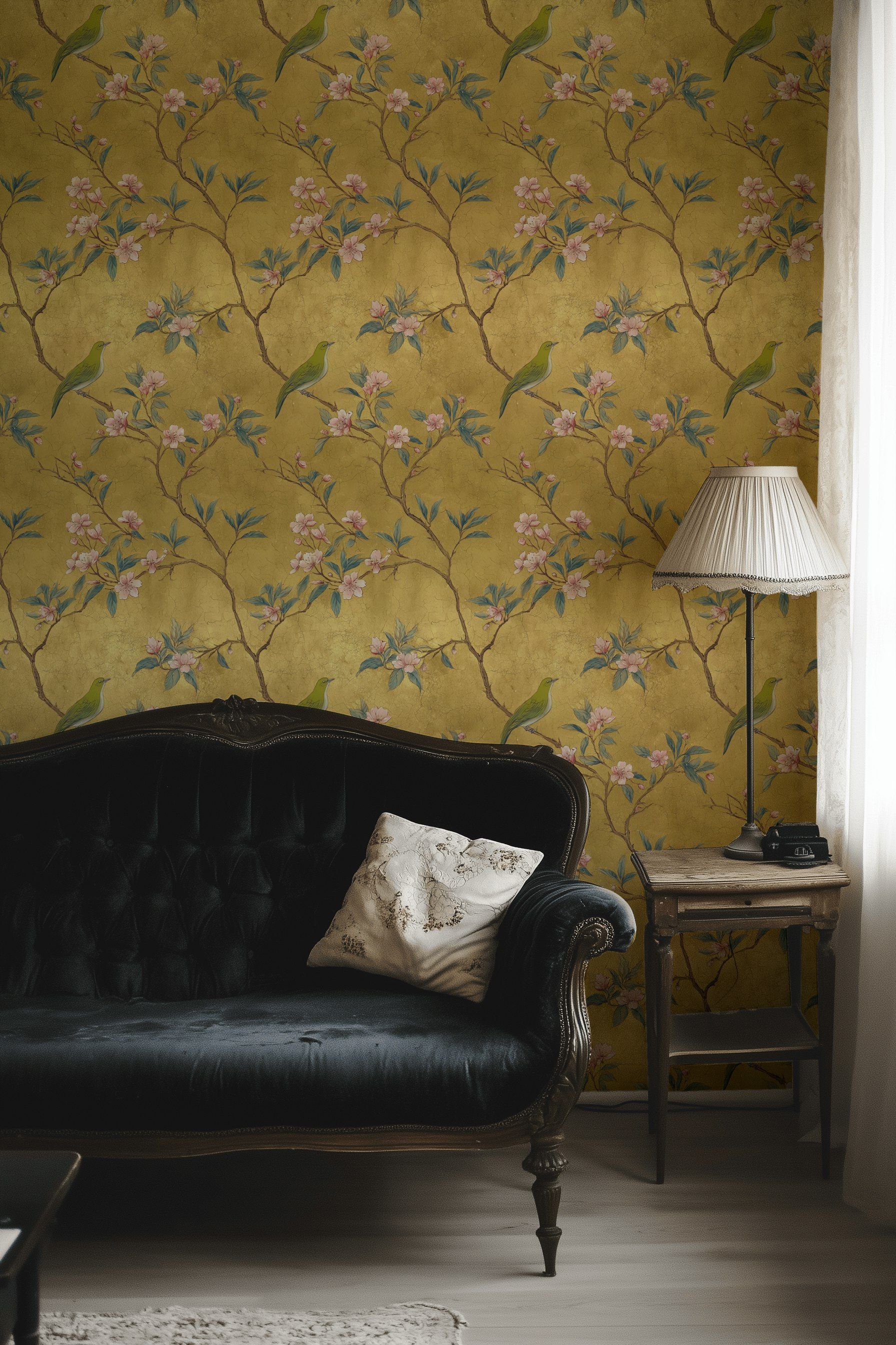 Golden Look Greenery with Cherry Blossom Bird Wallpaper