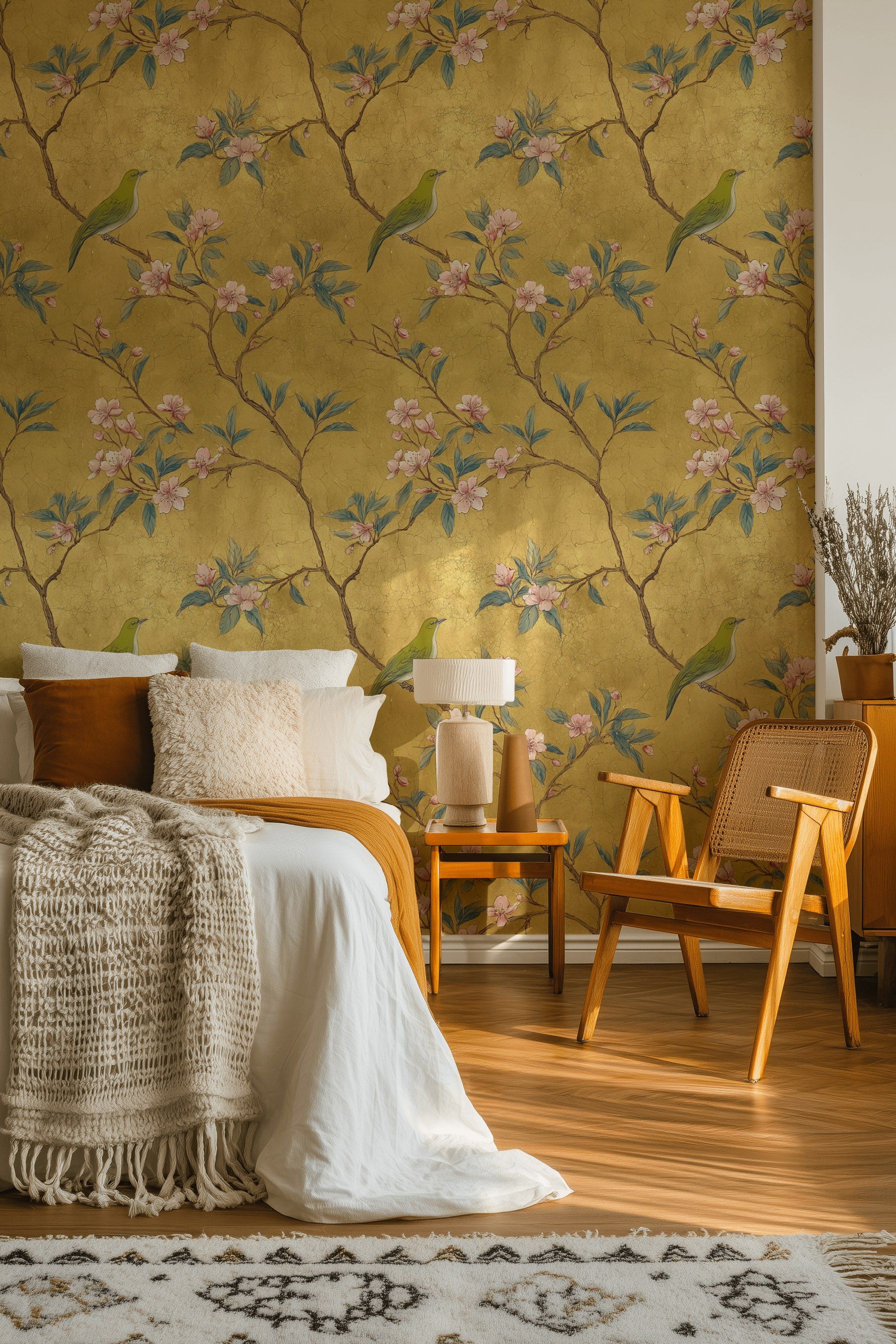 Golden Look Greenery with Cherry Blossom Bird Wallpaper