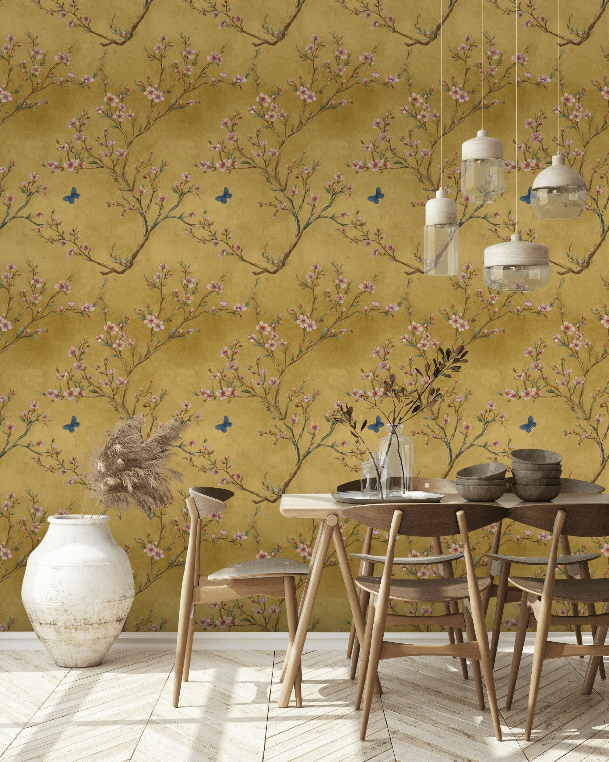 Golden Look Cherry Blossom and Butterfly Wallpaper