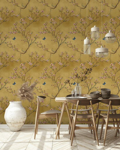 Golden Look Cherry Blossom and Butterfly Wallpaper
