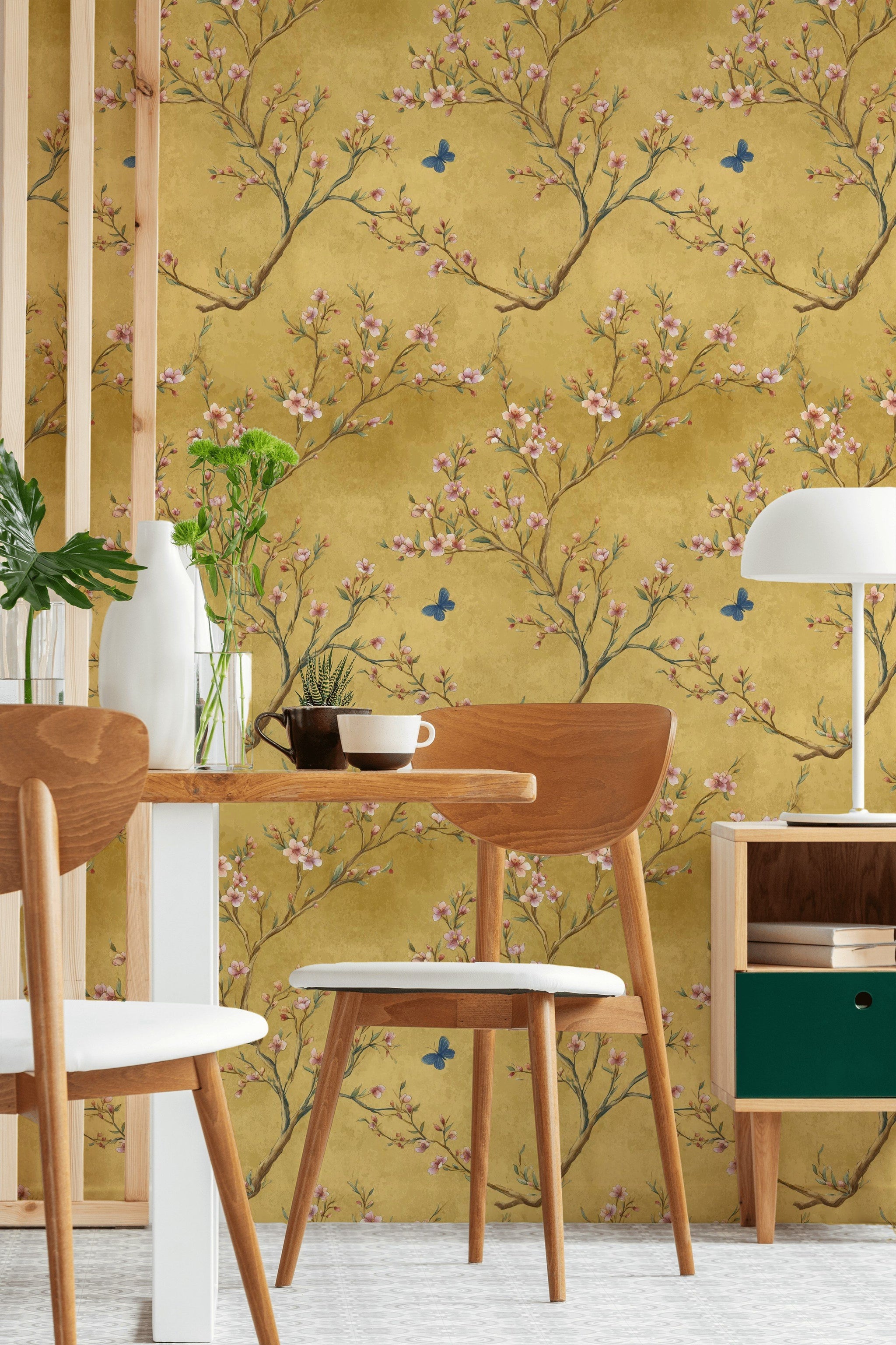 Golden Look Cherry Blossom and Butterfly Wallpaper