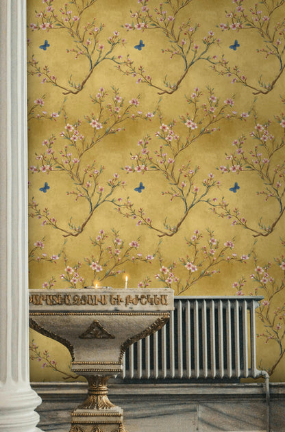Golden Look Cherry Blossom and Butterfly Wallpaper