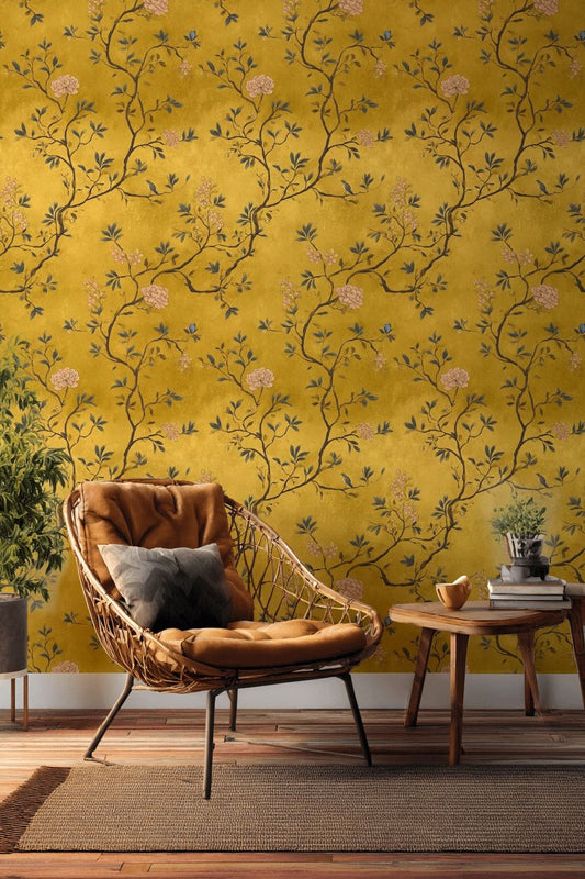 Chinoiserie Floral Wallpaper Gold Removable Vintage Decor