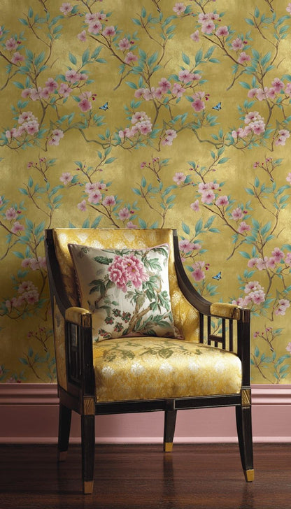 Golden Look Vintage Cherry Blossom Floral Wallpaper