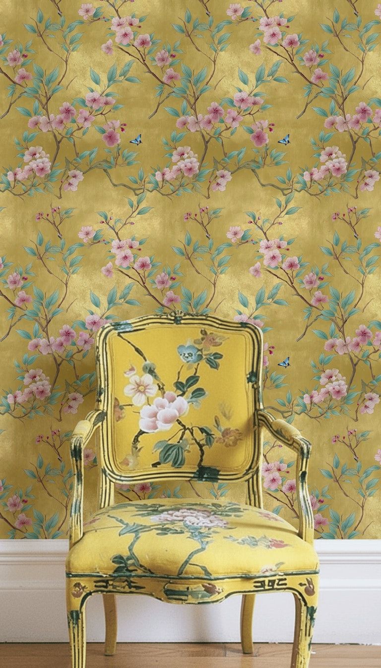 Chinoiserie Blossom Wallpaper Gold Look Decorative Mural