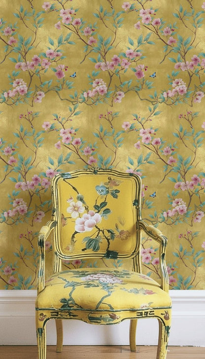 Golden Look Vintage Cherry Blossom Floral Wallpaper