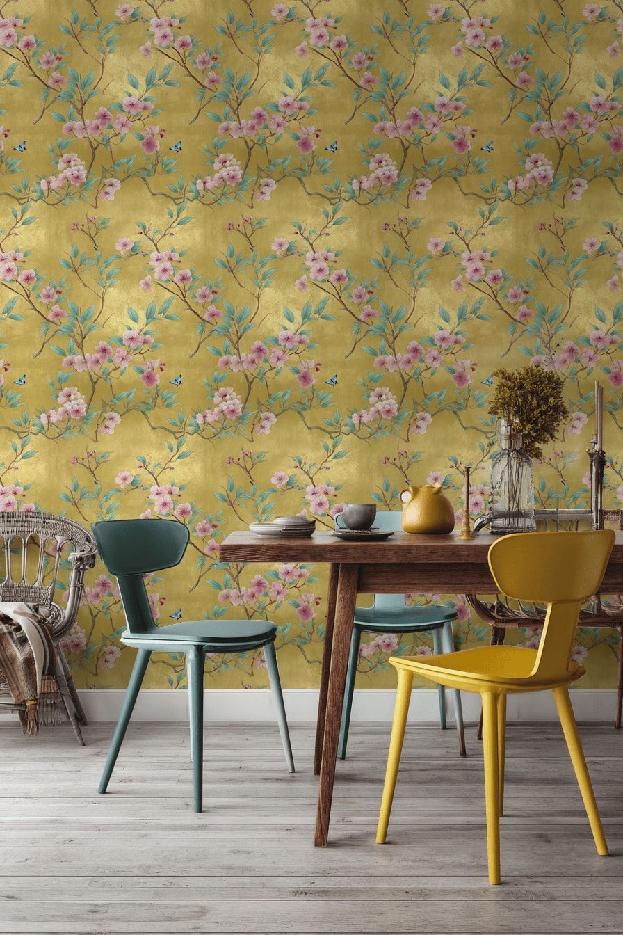 Chinoiserie Blossom Wallpaper Gold Look Decorative Mural