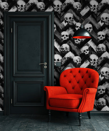 Monochrome Skull Chevron Abstract Wallpaper
